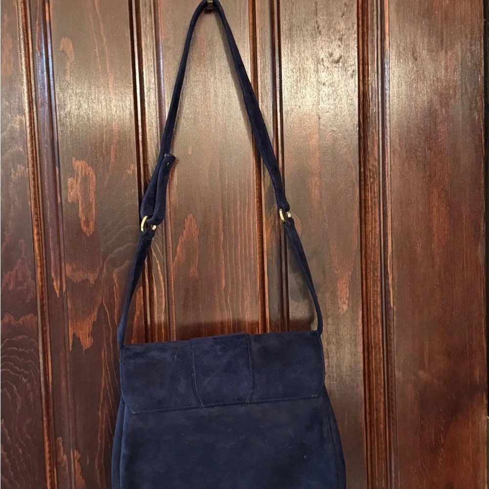 Vintage Saks Fifth Avenue Blue Suede Shoulder Bag with Gold-Tone Hardware - Picture 2 of 7